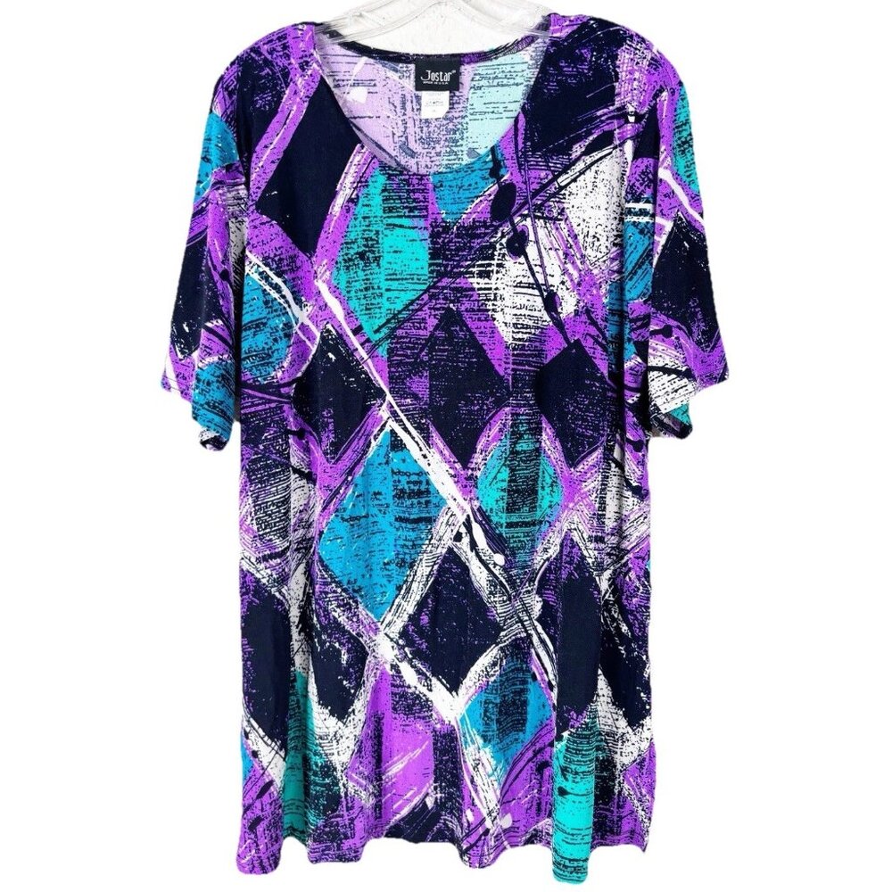 Jostar 2X Geometric Abstract Flowy No Wrinkle Top Blouse Purple Blue Black EUC